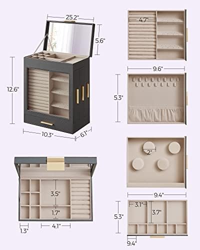 SONGMICS 5-Layer Jewelry Box with Glass Window, 3 Side Drawers