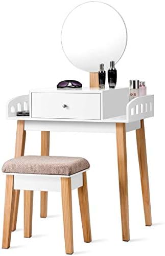 GIANTEX Vanity Table Set with Height Adjustable Round Mirror, Makeup Mirrored...