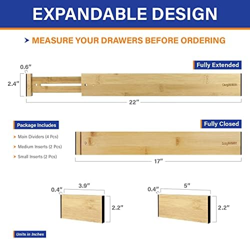 Adjustable Bamboo Drawer Dividers for Clothes, Kitchen Utensils, Office Desks...