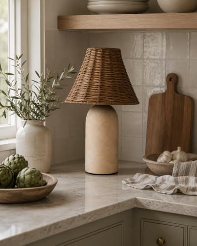 14" Small Mini Wicker Table Lamp – Handmade Ceramic Base with Rattan Sha...