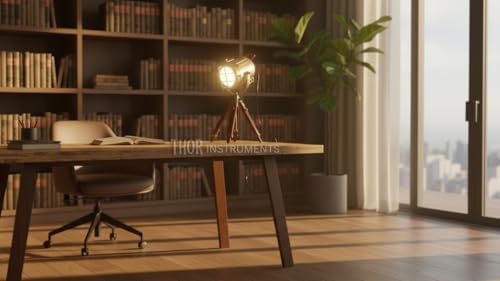 THOR INSTRUMENTS Vintage Industrial Tripod Table Lamp, Brown Brass Teak Wood