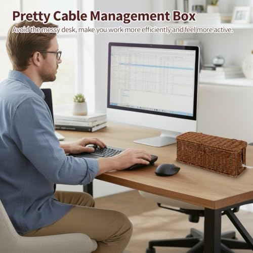Cable Management Box, Desk Handwoven Rattan Cord Hider Cable Organizer Box Wi...