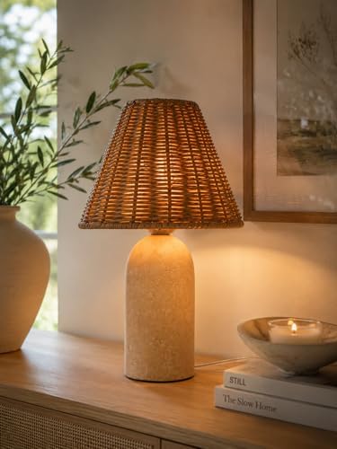 14" Small Mini Wicker Table Lamp – Handmade Ceramic Base with Rattan Sha...