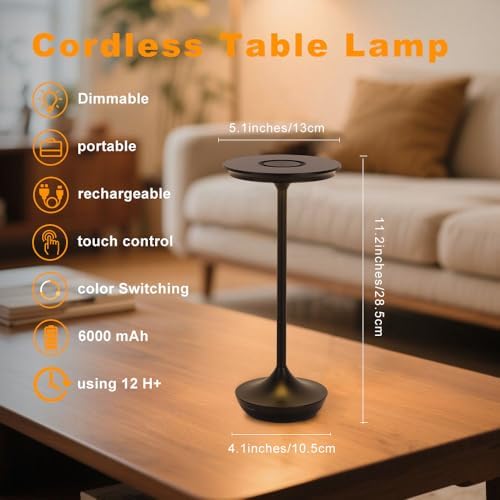 Cordless Rechargeable Table Lamps, Portable 6000mAh Battery Desk Lamp Waterpr...