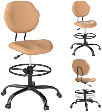 Drafting Chair with Back Support, Tall Desk Rolling Stool (Khaki, Set of 1)
