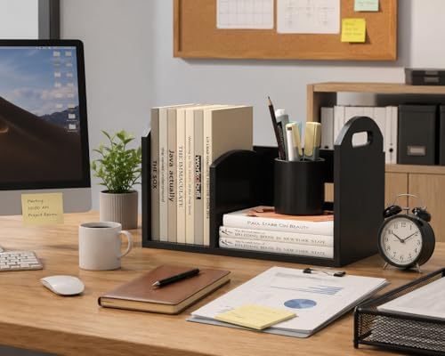 Wood Desktop Bookshelf, Upright Tabletop Book Shelf With Adjustable Divider S...