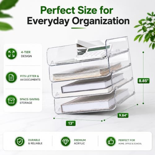 Clear Acrylic Paper Tray, 4 Tier Paper Organizer for Desk