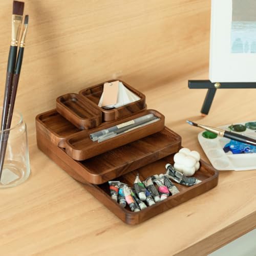 Premium Wooden Stackable Modular Desk Organizer Tray: Set of 6-Pieces Nested ...