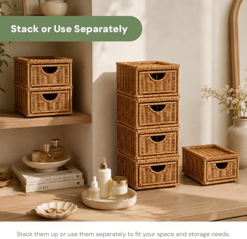 Cantalop 2PCS Stackable Rattan Storage Drawers, Makeup Organizer