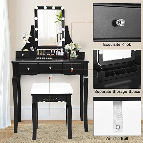 DORTALA Vanity Table Set w/Lighted Mirror, Morden Vanity Dressing Table w/ 10...