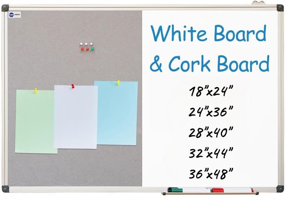 White Board and Cork Board Combo - 24 x 18 Inches Large Dry Erase Whiteboard ...