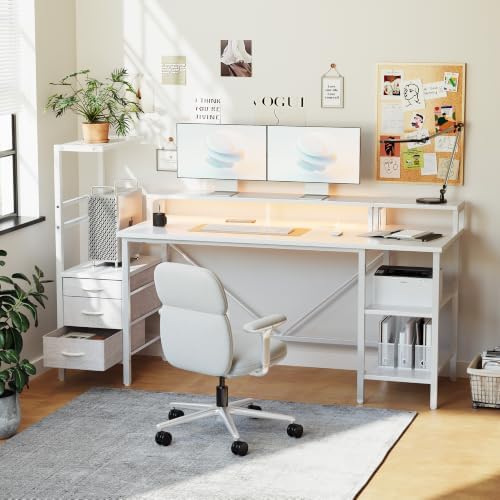 59 in Gaming Desk with Storage Drawers & Shelves, Reversible Computer Desk