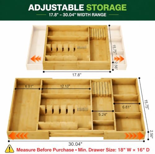 Bamboo Expandable Kitchen Drawer Organizer, 17.8-30 in,Natural