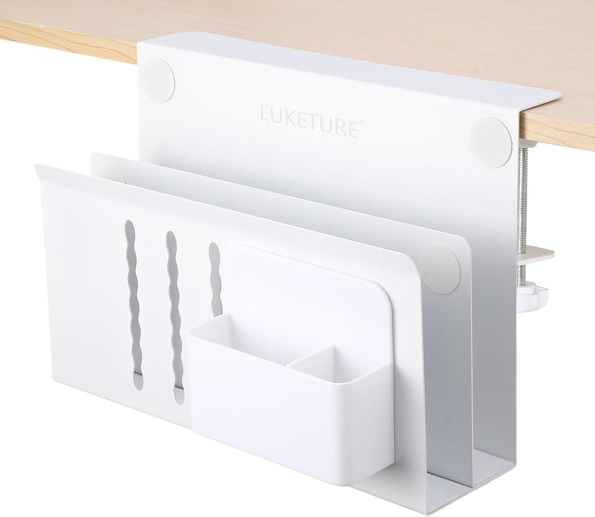 LUKETURE 2 Tier Desk Side Storage, No Drill Laptop Mount with Pen Holder