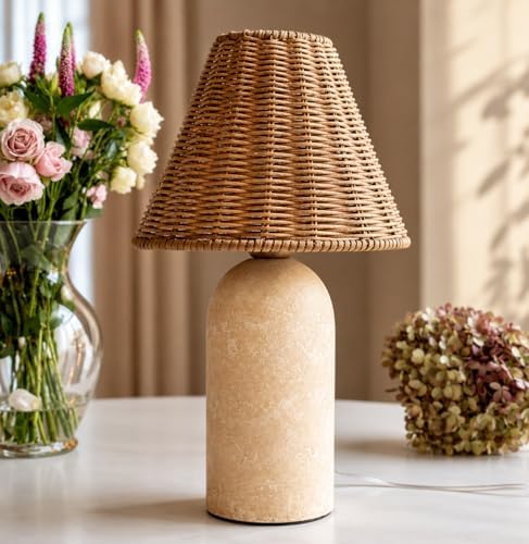 14" Small Mini Wicker Table Lamp – Handmade Ceramic Base with Rattan Sha...