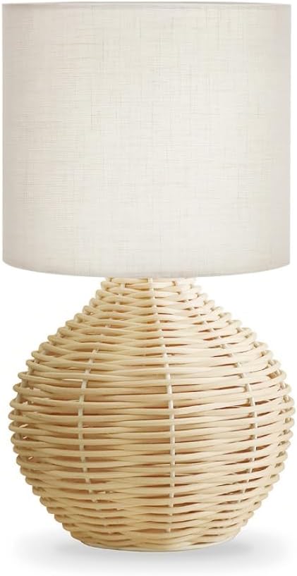 Rattan Table Lamp, Boho Farmhouse Style, Cotton Linen Lamp Shade, 6.2×6.2×11....