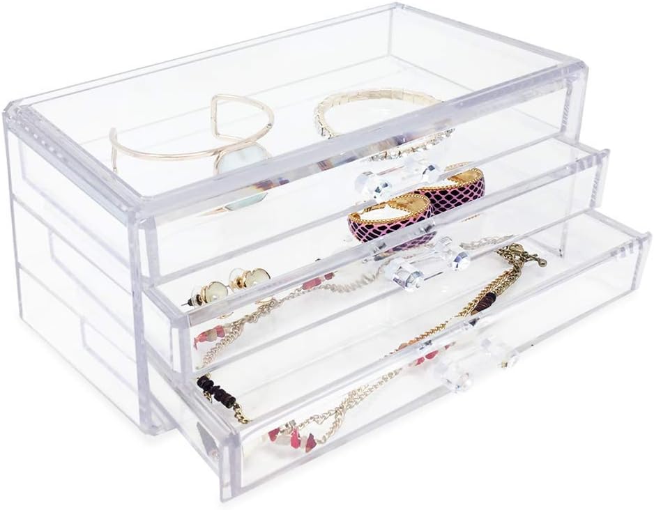 Isaac Jacobs Clear Acrylic 3-Drawer Stackable Jewelry Organizer, Cosmetic &am...