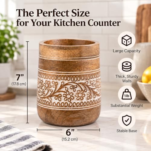 Mie Creations Farmhouse 7'' Large Wooden Utensil Holder, White Floral