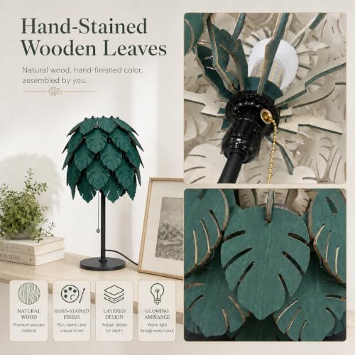 DIY Wood Monstera Table Lamp for Bedroom, Dimmable Lamp with Pull Chain