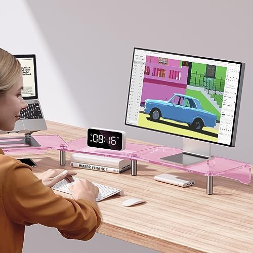 Pink Acrylic Dual Monitor Stand Riser,Adjustable Length Angle for 2Monitors