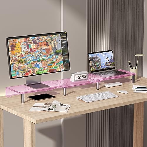 Pink Acrylic Dual Monitor Stand Riser,Adjustable Length Angle for 2Monitors