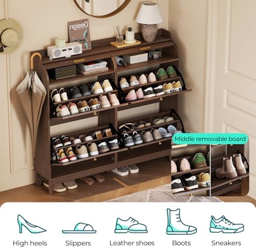 LINSY Shoe Storage Cabinet, Rattan Shoe Cabinet Flip Drawer Shoes Rack Cabine...