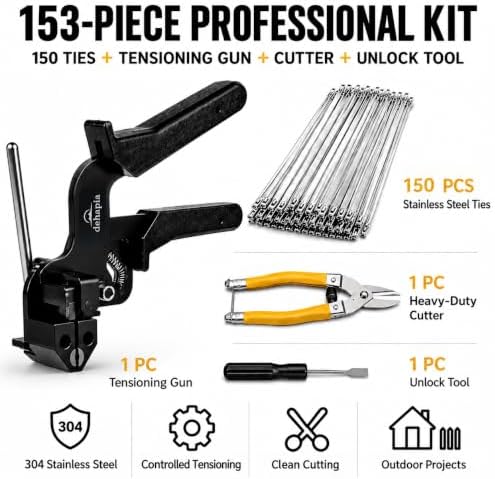Stainless Steel Cable Tie Gun Kit, 153 Pieces, 150 Ties
