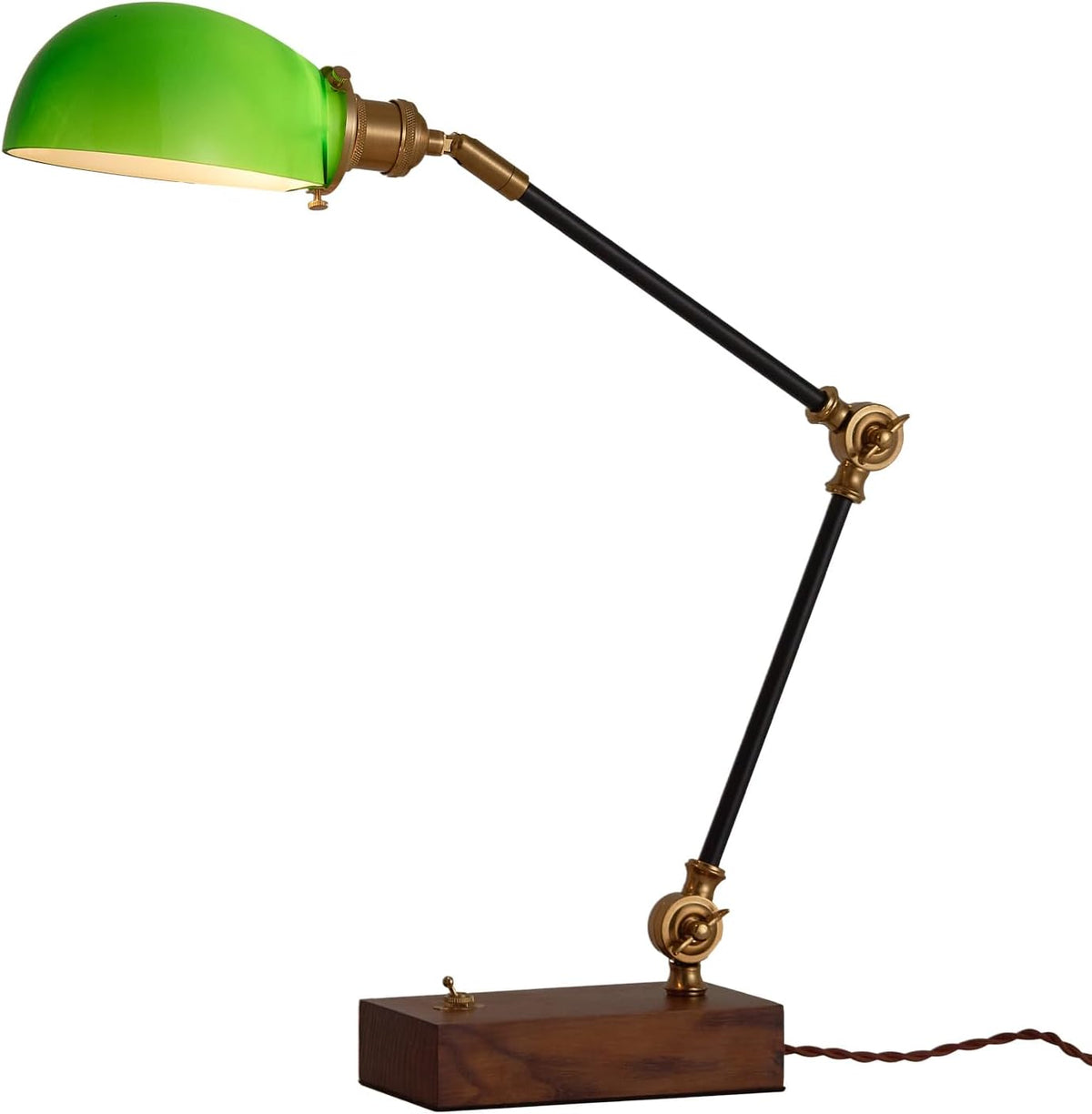 Vintage Green Glass Solid Wood BLack Gold Adjustable Swing Arm Desk Lamp