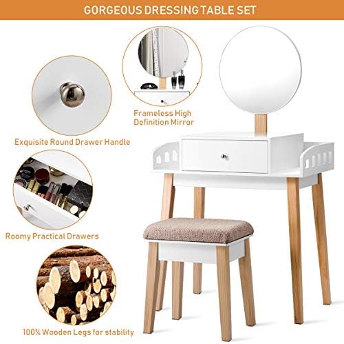 GIANTEX Vanity Table Set with Height Adjustable Round Mirror, Makeup Mirrored...