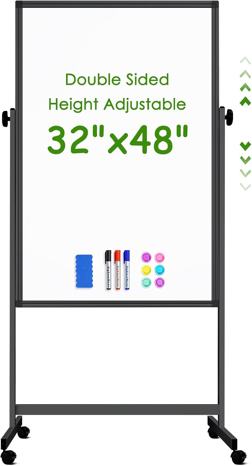 Rolling Whiteboard on Wheels 48" x 32" Aluminum Frame (Black)