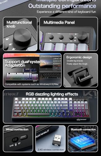 FREEWOLF K100 99 Keys Gaming Membrane Wireless Keyboard with Media Knob,Tri-M...