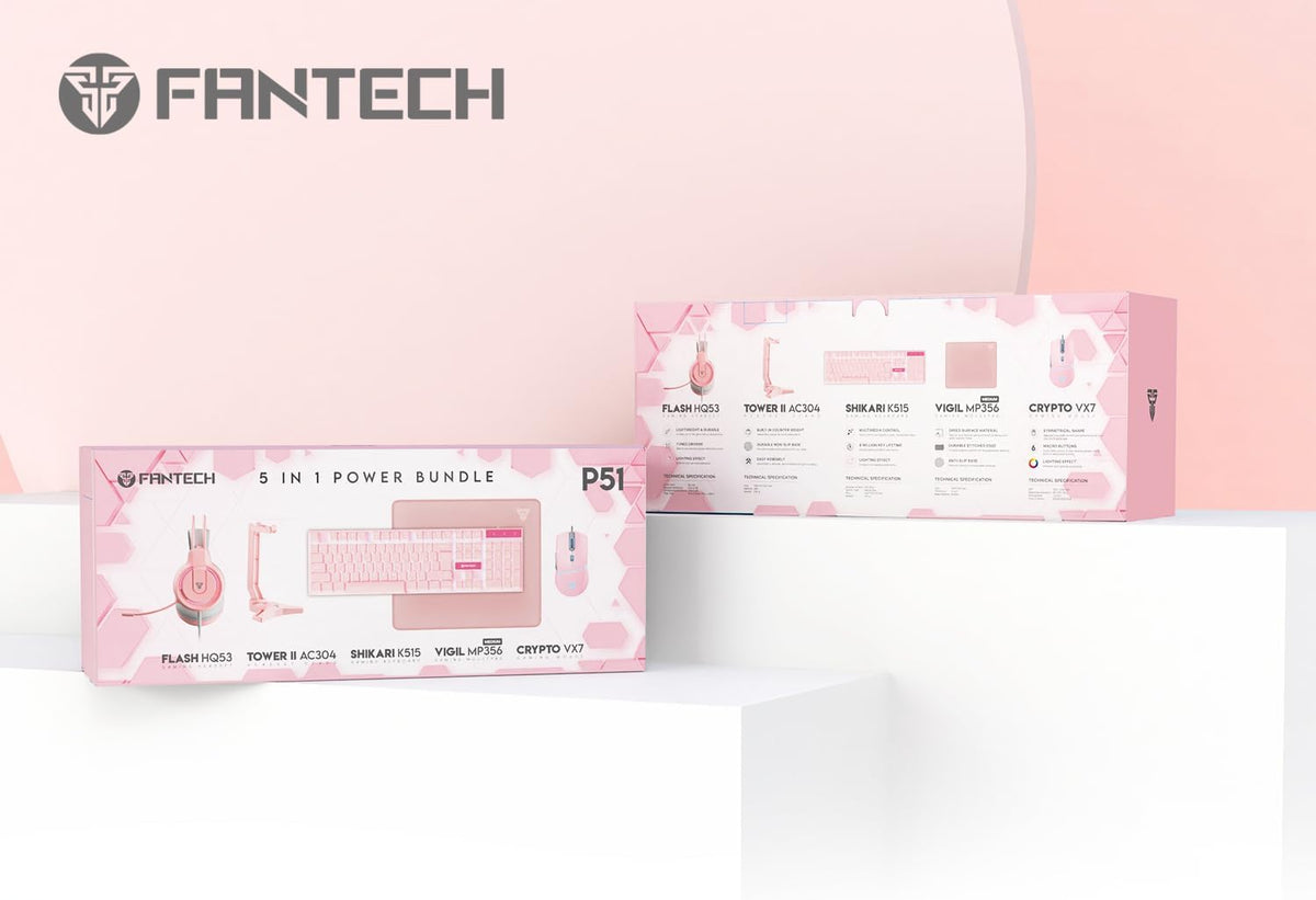 FANTECH P51S 5-in-1 Gaming Bundle: RGB Keyboard Mouse Headset Stand Pad, Pink