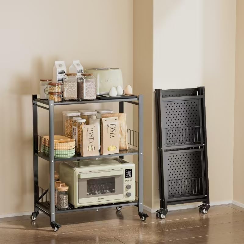 Folding Storage Shelves No Assembly, 3 Tier Metal Foldable Shelves with Wheel...