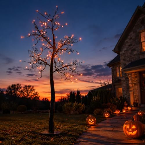 5FT Lighted Halloween Tree, 102 LED Dual Color Black Glitter Tree