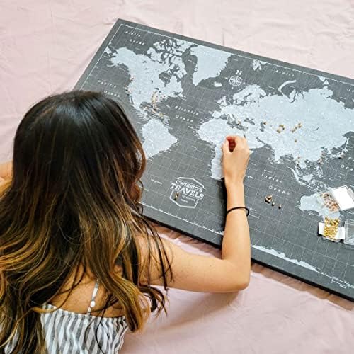 Conquest Maps World Travel Map with Pins Modern Slate Style Push Pin Travel M...