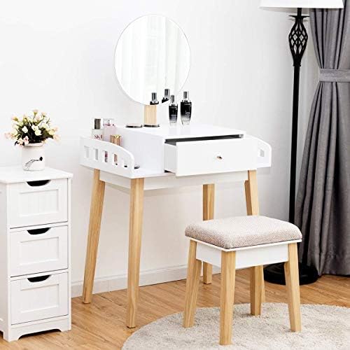 GIANTEX Vanity Table Set with Height Adjustable Round Mirror, Makeup Mirrored...