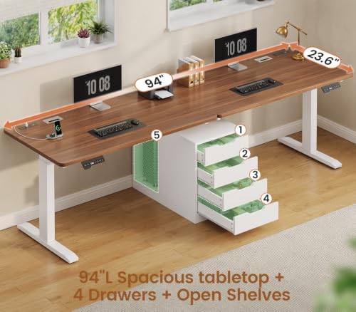 SEDETA Standing Two Person Desk with 4 Drawers, 2 Power Outlets, CPU Stand
