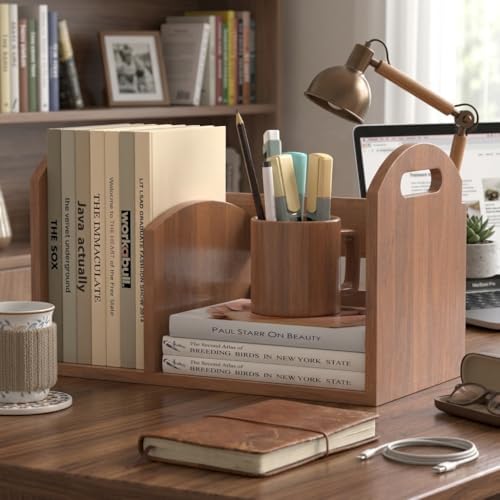 Wood Desktop Bookshelf, Upright Tabletop Book Shelf With Adjustable Divider S...