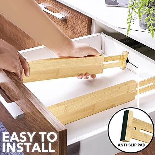 Adjustable Bamboo Drawer Dividers for Clothes, Kitchen Utensils, Office Desks...