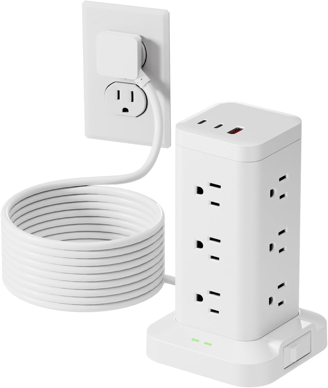 12AC 3USB Power Strip Tower Surge Protector, Extension Cord 10ft, White, 1