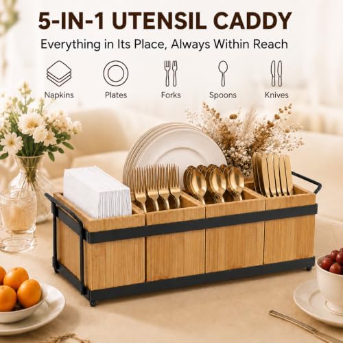 Silverware Holder for Party, Bamboo Utensil Caddy with 5 Removable Bins.
