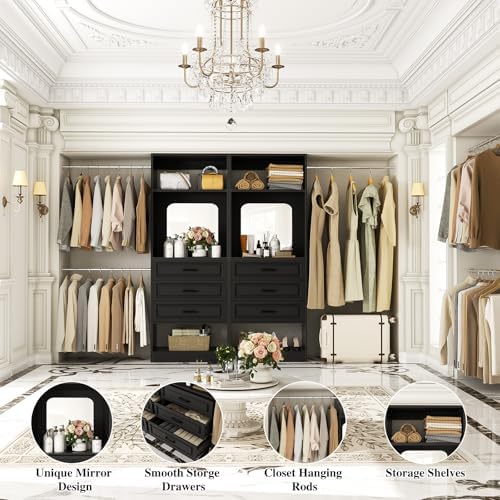 Unikito 6-14FT Wood Closet System with 6 Drawers and Mirror, Black