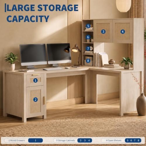 IDEALHOUSE L Shaped Desk with Storage, Computer Desk with Hutch, Wood