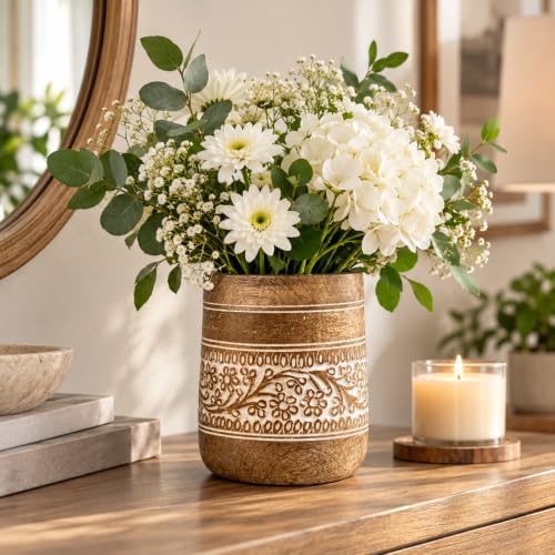 Mie Creations Farmhouse 7'' Large Wooden Utensil Holder, White Floral