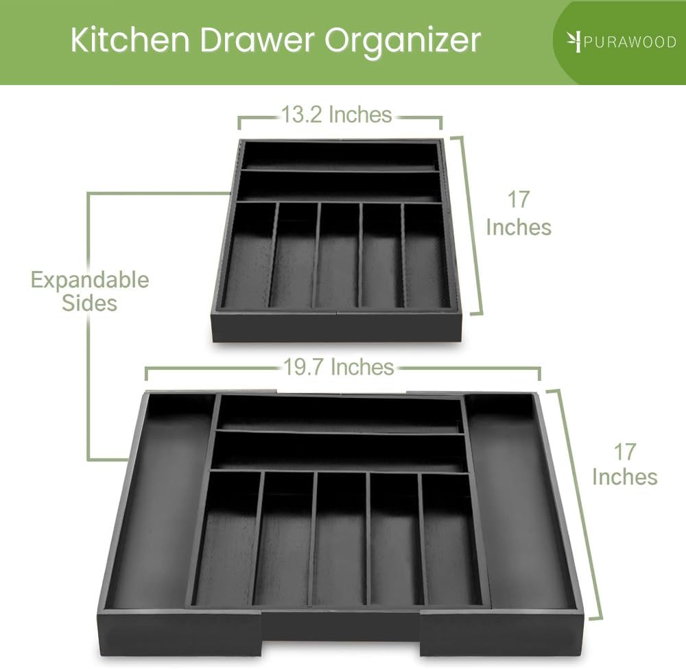 Purawood Expandable Bamboo Drawer Organizer 7-9 Slots, Black