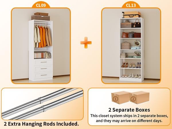 Closet System with 2 Sets, 4FT-10FT Closet Organizer Systems with 3 Wooden Dr...