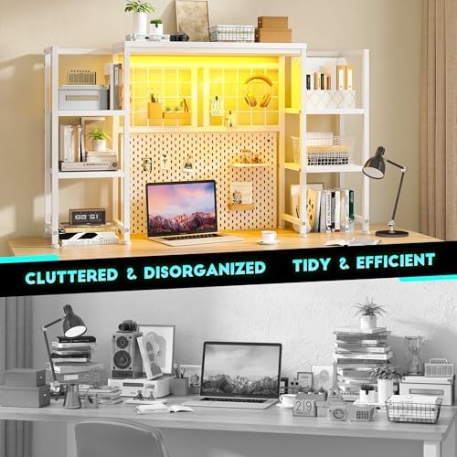 REIBII 5-Tier Desk Shelf with LED for Home Office Dorm, White