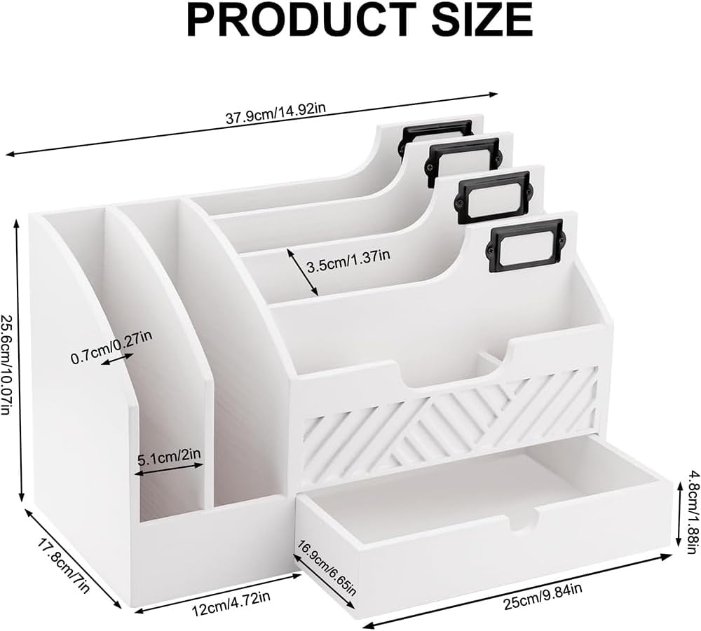 Wood Mail Organizer Countertop, 6 Compartments with Drawer, White