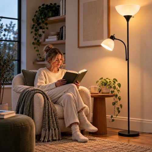 LIGHTACCENTS Floor Lamp with Side Reading Light - 72" Black Mother Daugh...