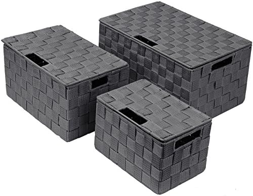 Sorbus Storage Basket with Lid, 3-Piece Woven Set for Shelves (Gray)